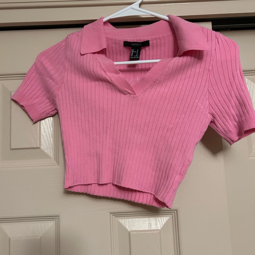 Forever 21 Pink Collared Ribbed Blouse